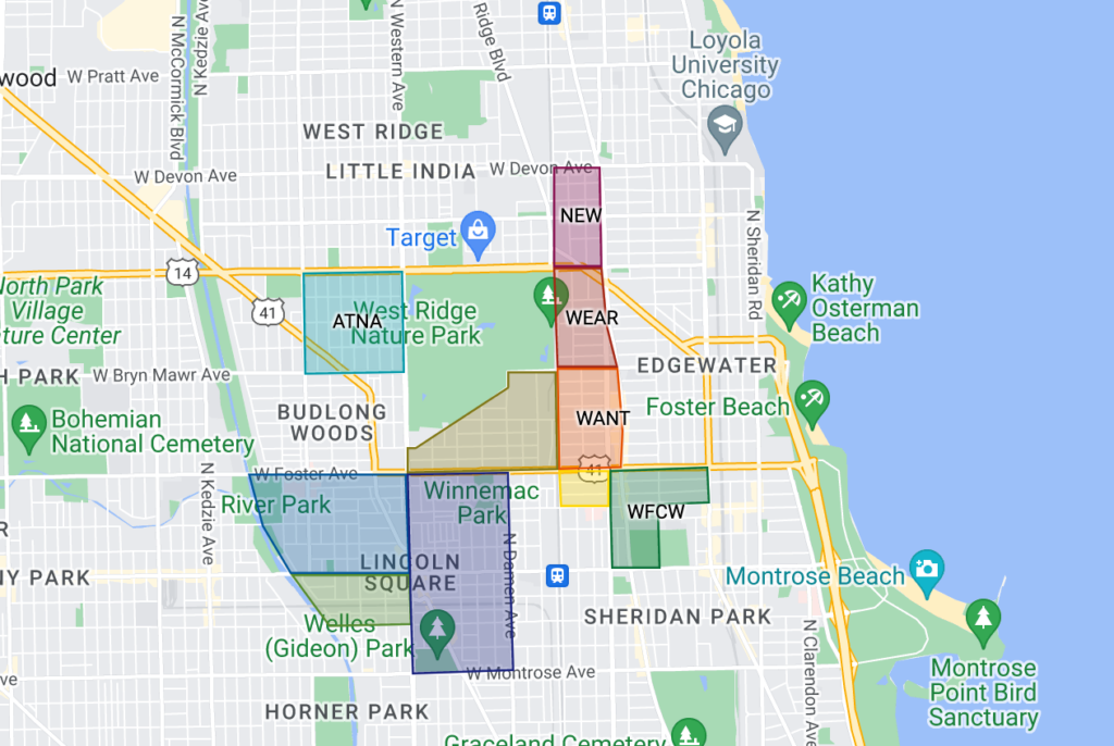 A google map blocks out 40th Ward Neighborhood Groups