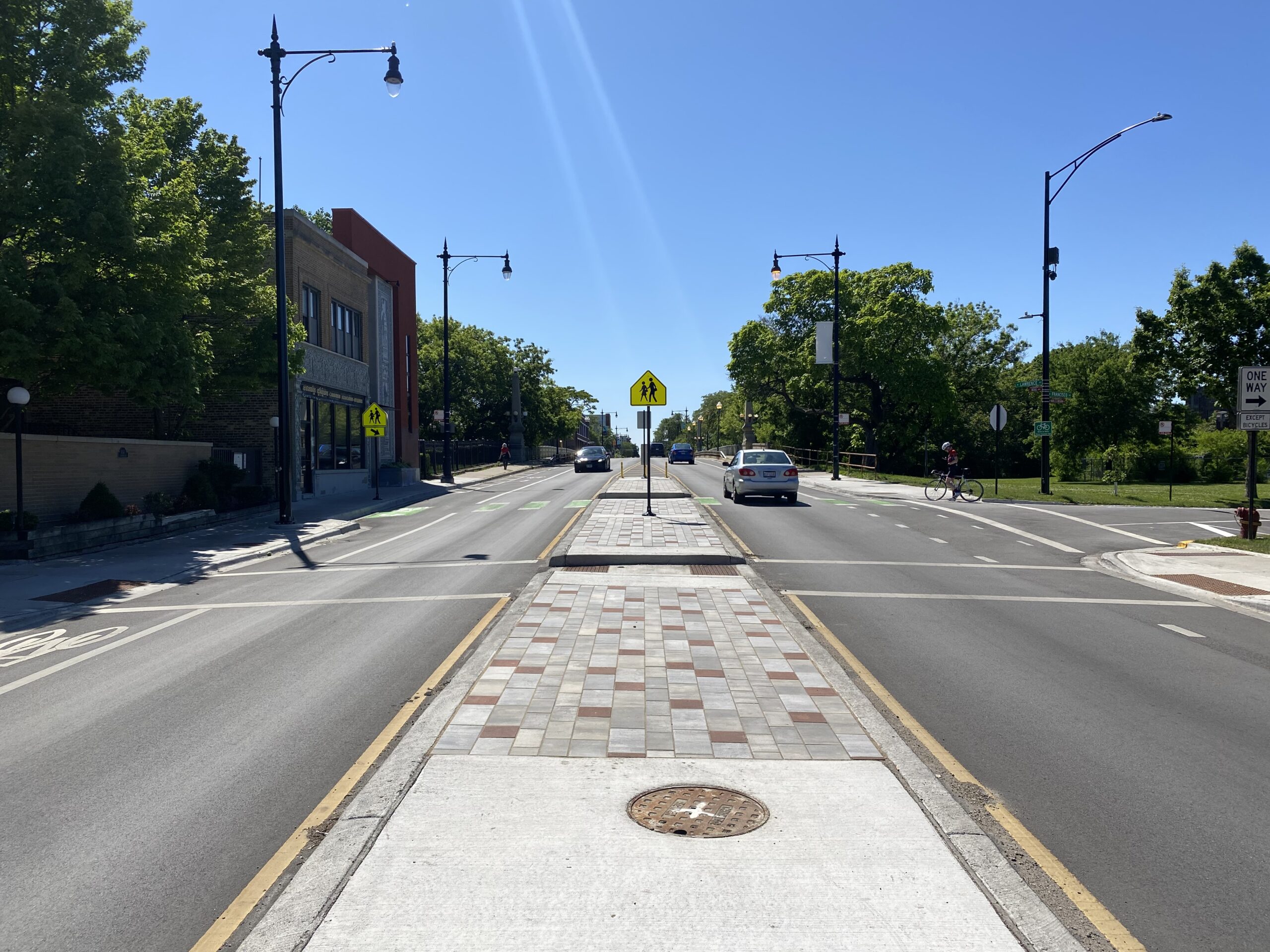 Newly completed pedestrian island on Lawrence Ave