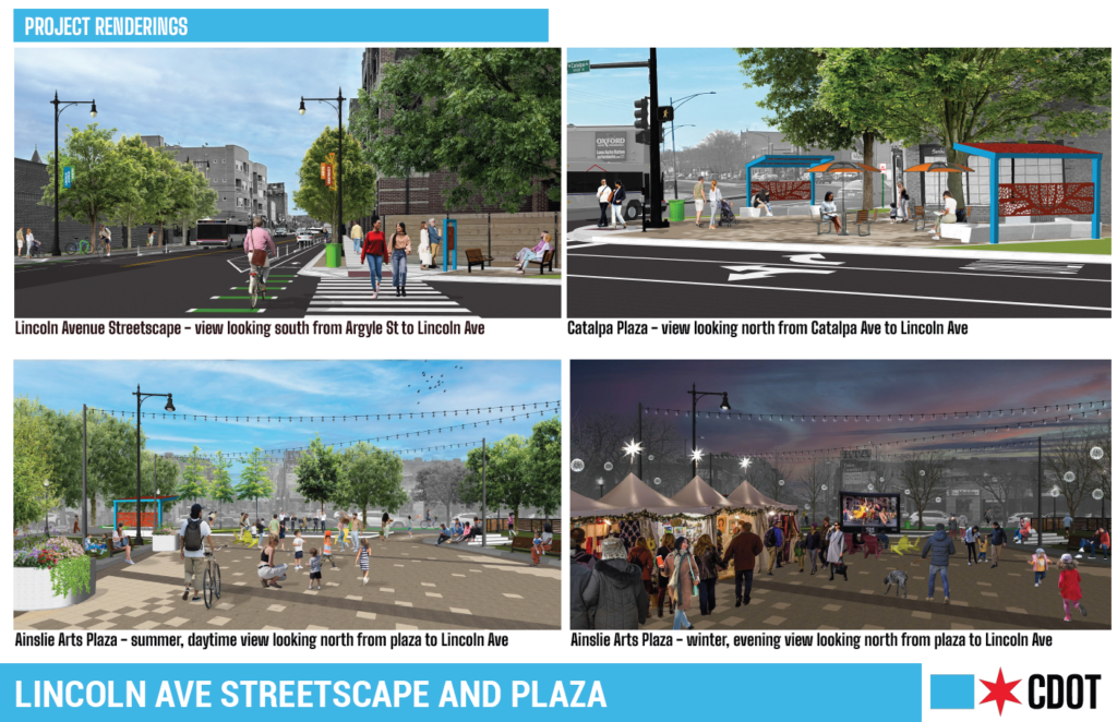 Design renderings of Lincoln Ave, Catalpa Plaza, and Ainslie Arts Plaza