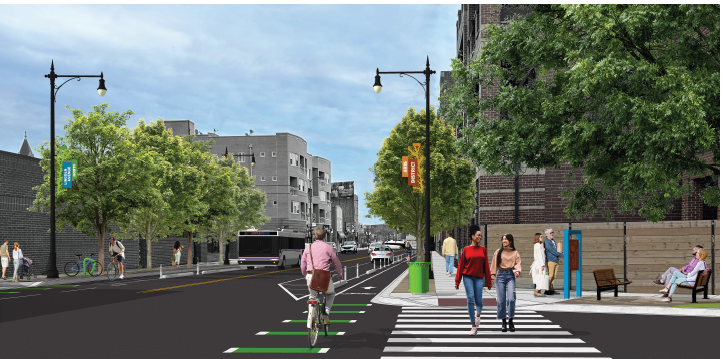 Rendering of Lincoln Ave protected bike lanes and decorative lightpoles