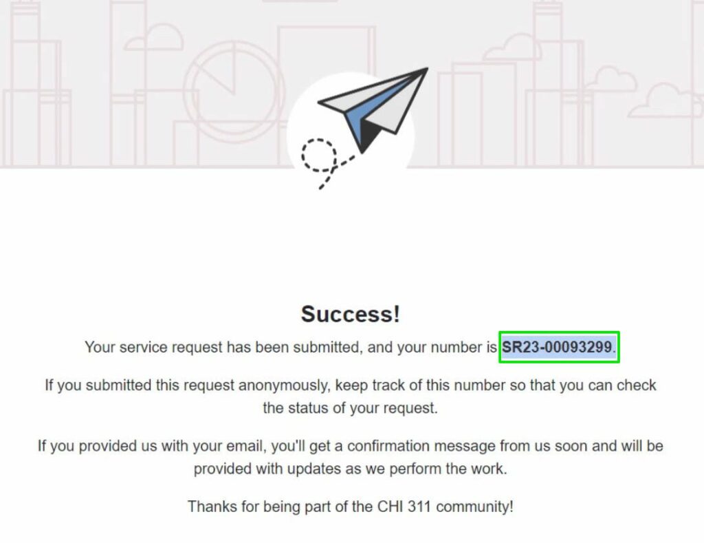 Graphic showing the service request number after submitting a 311 request.