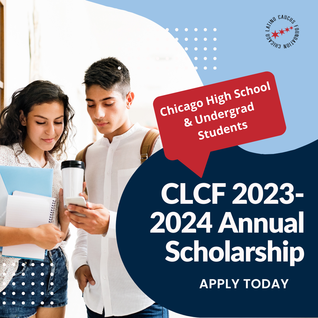 Flyer advertising CLCF 2023 2024 Annual Scholarship with two students holding paperwork against a blue and white background