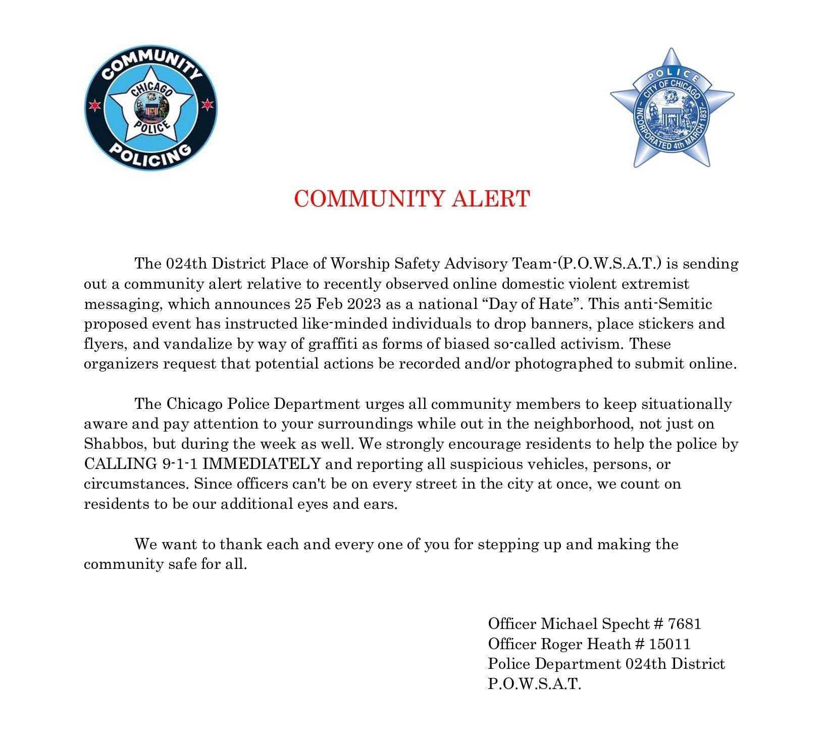 Community Alert from 24th Chicago Police District