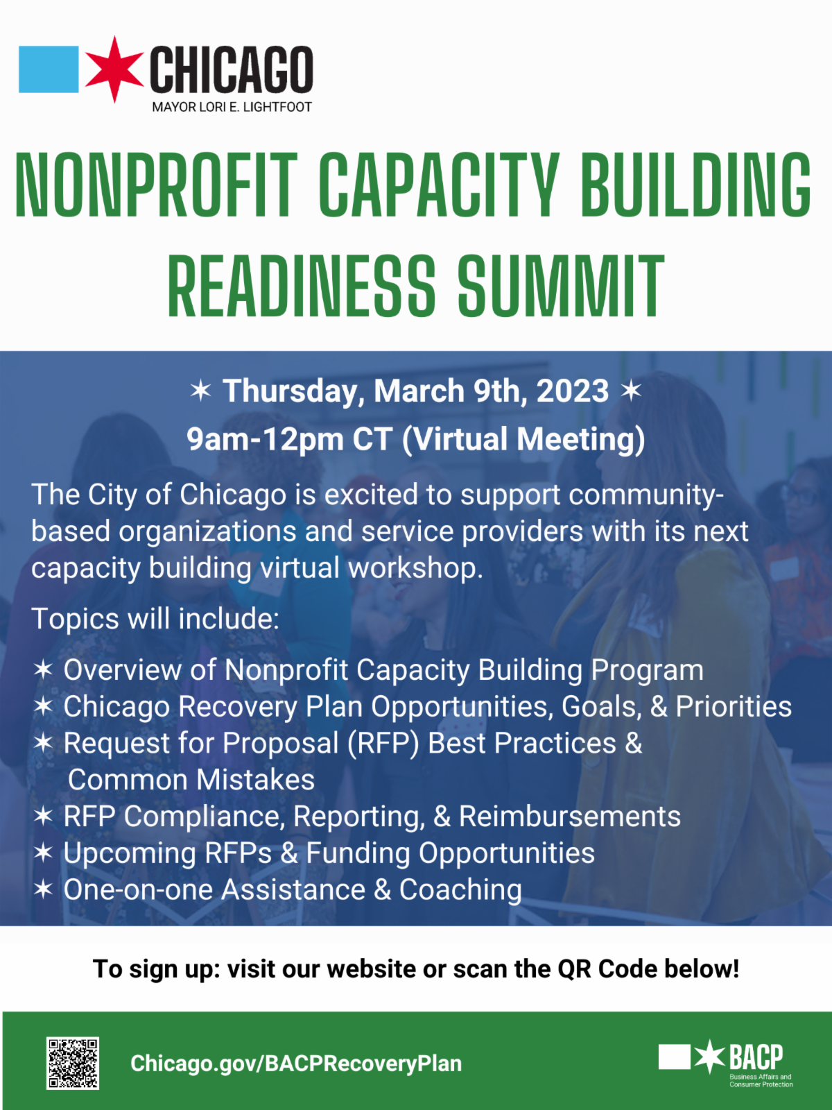 Flyer for NPO Capacity Building readiness Summit listing March 9th, 2023 9am-12pm CT virtually