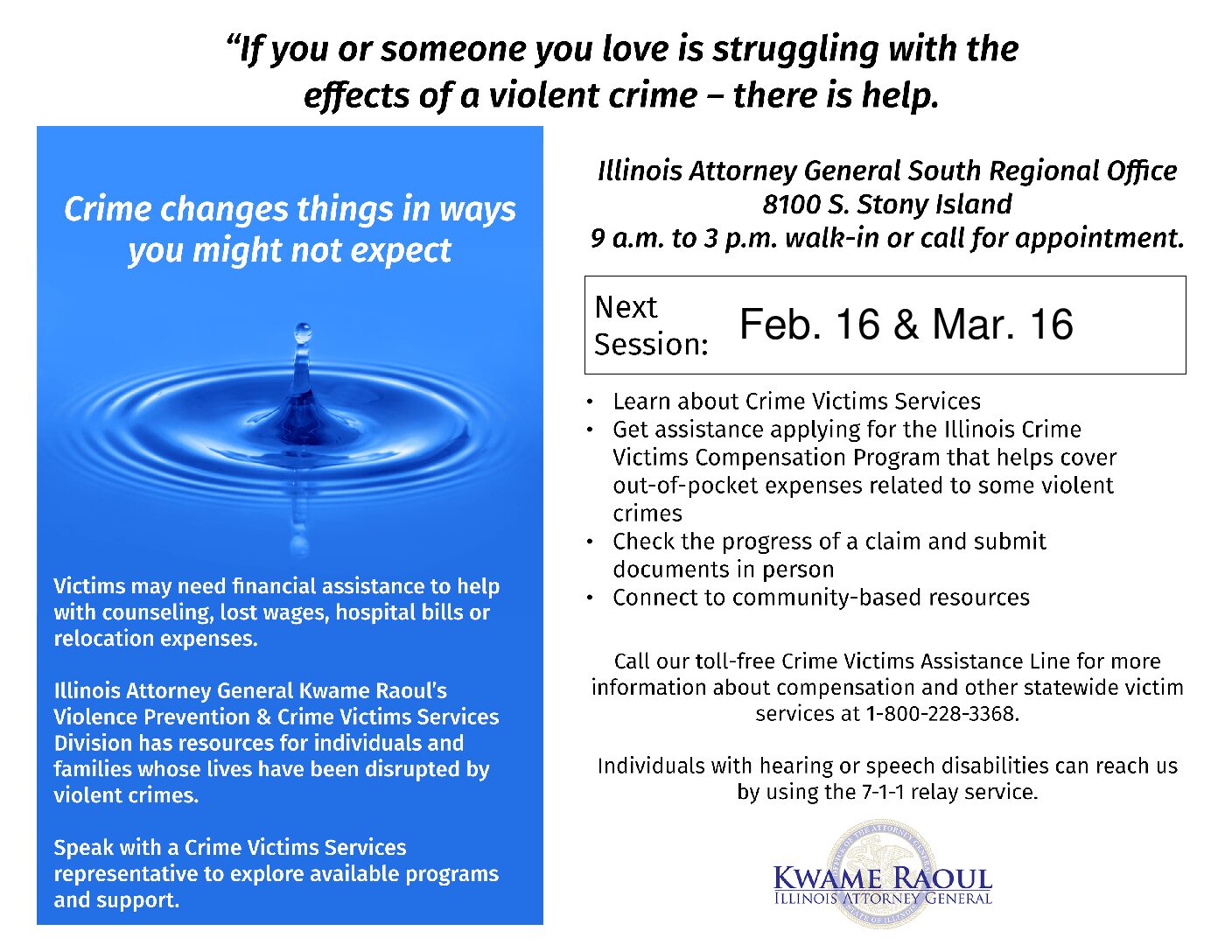 Picture of flyer for Community Outreach for Crime Victim Services from IL Attorney General Kwame Raoul