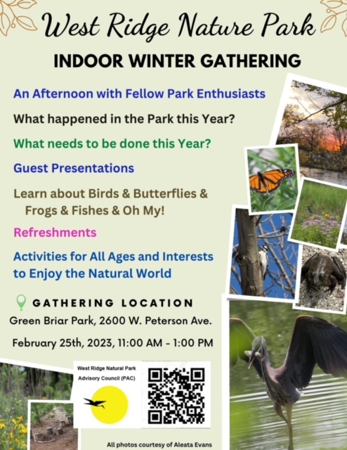 Flyer for West Ridge Nature Park Winter Gathering gathering with location and date/time information.