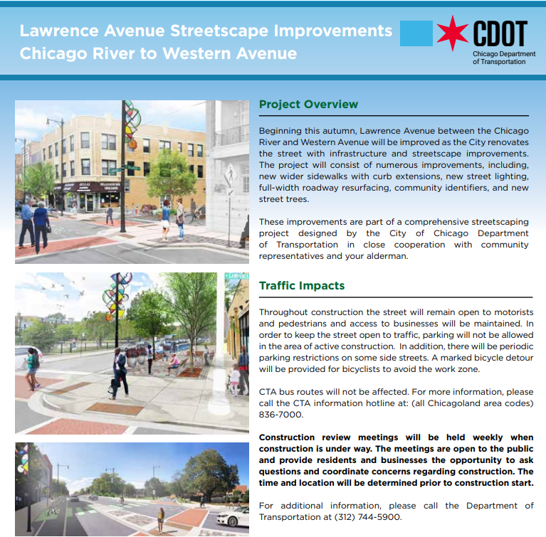 Lawrence Avenue Streetscape picture of flyer with project overview and traffic impacts information