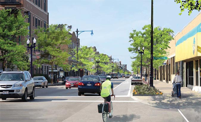 A picture depicting the street Lawrence Ave showing several cars of different makes and models driving on the street as well as a cylicst riding in the bike lane and a tree lined sidewalk.