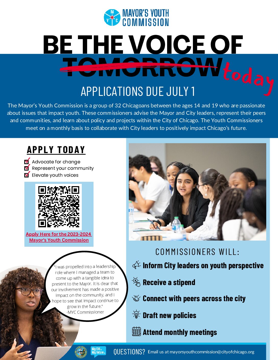 The Mayor’s Youth Commission application is now OPEN for the 2023-2024 cohort!