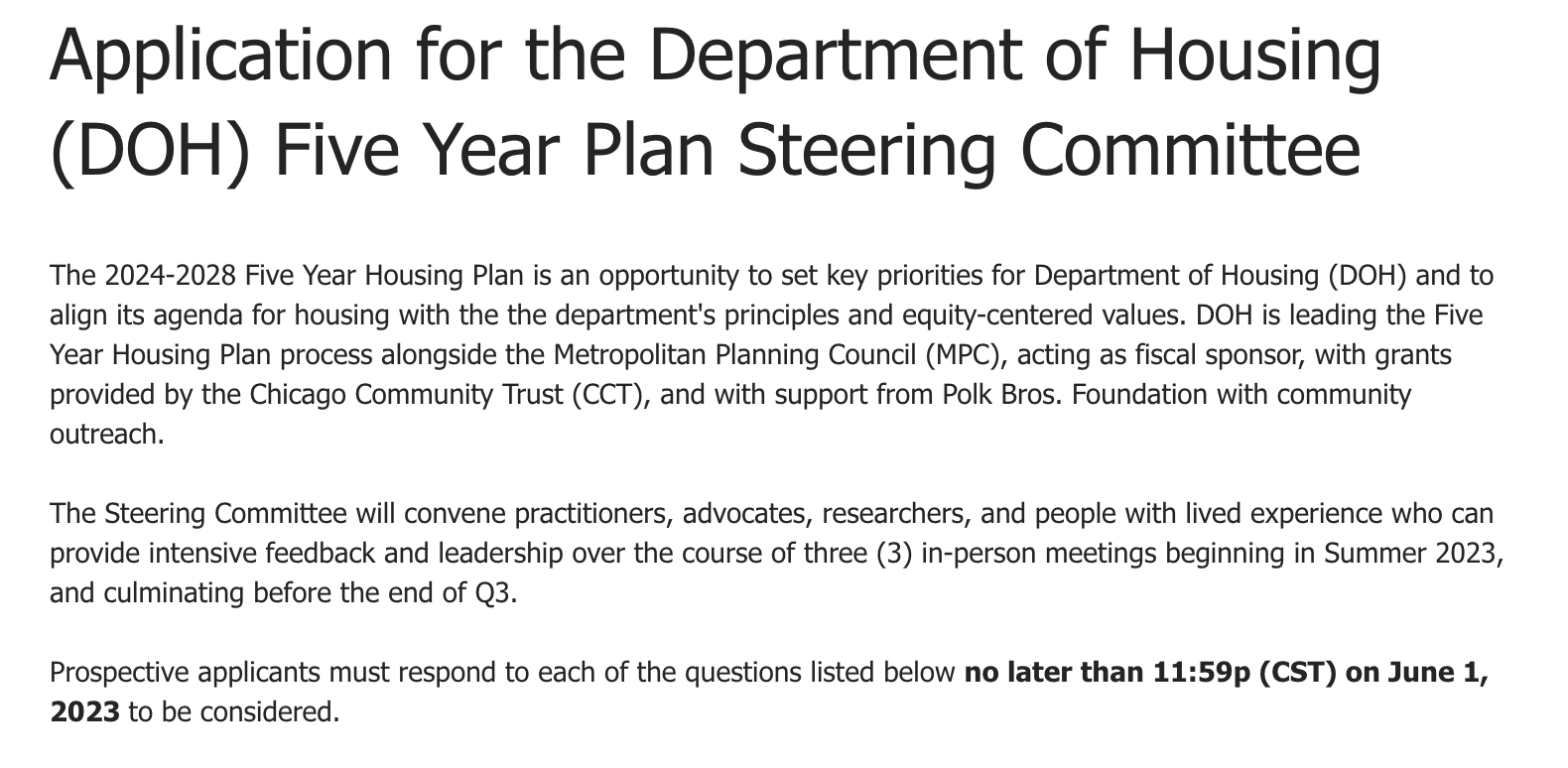 Apply to be on the Steering Committee for the Department of Housing’s next Five Year Plan