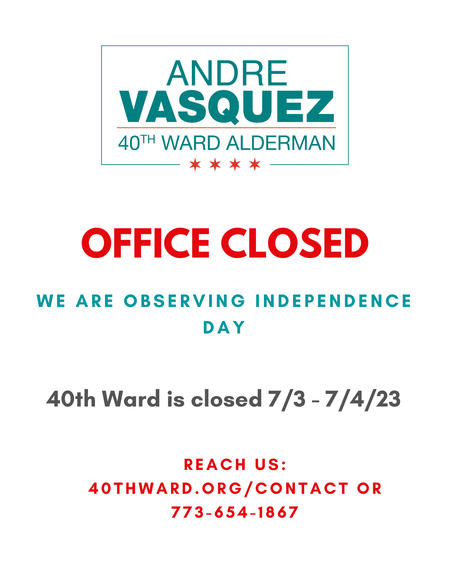 40th Ward is CLOSED 7/3 – 7/4/23