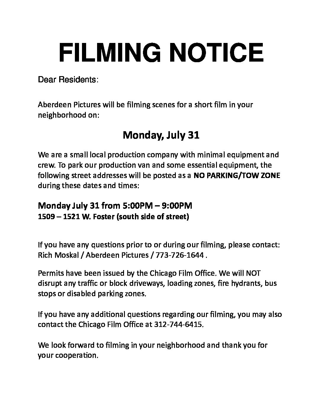 Filming Notice on Foster Ave