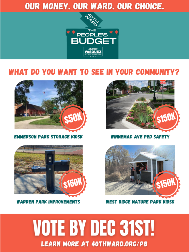 Flyer of proposed projects for the Participatory Budget ballot, including photos of Emmerson Park storage kiosk, proposed bumpouts at Winnemac Ave, a water fountain at Warren Park, and a kiosk at West Ridge Nature Park.