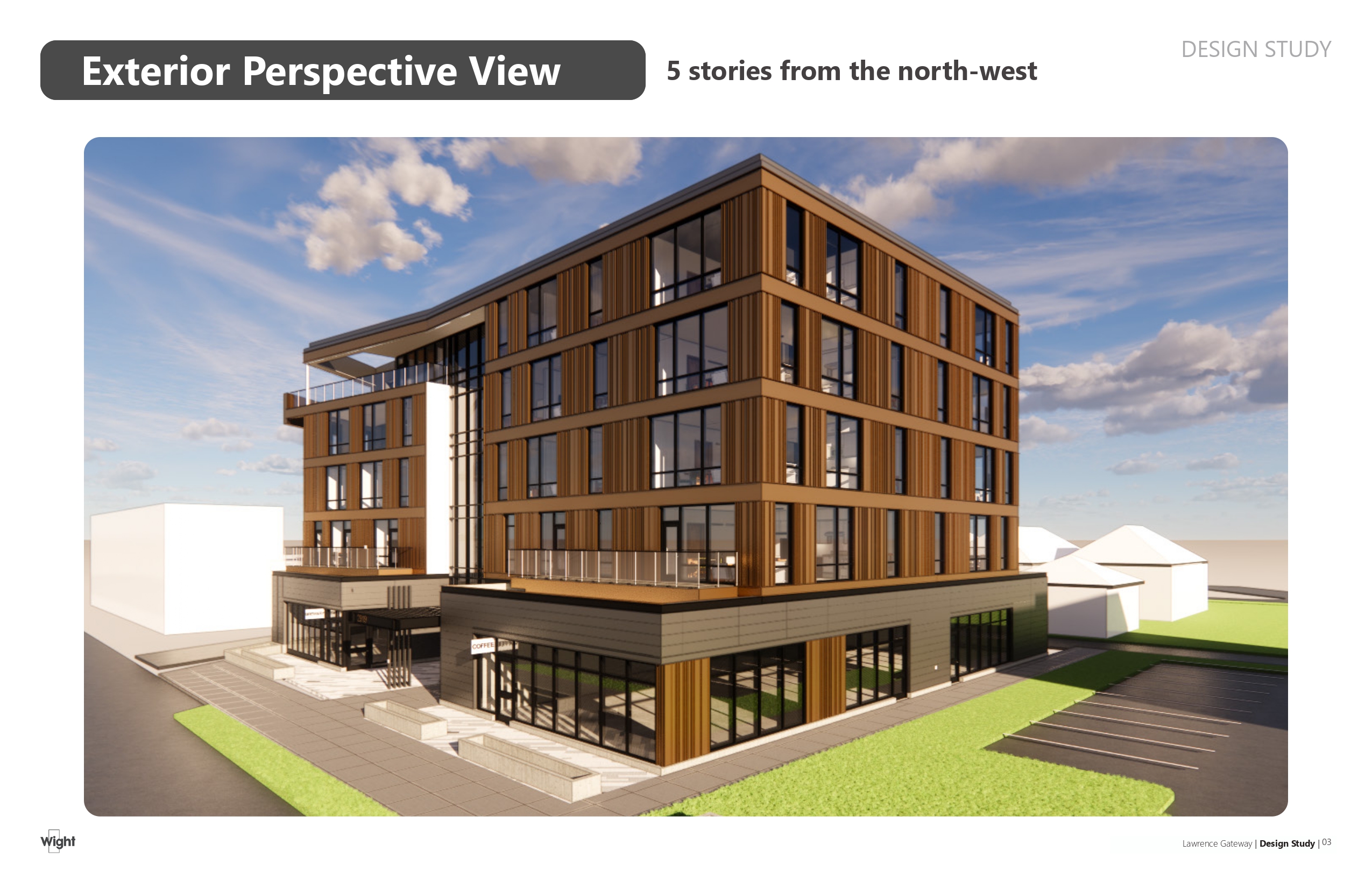 Proposed rendering of the exterior of a 5-story building