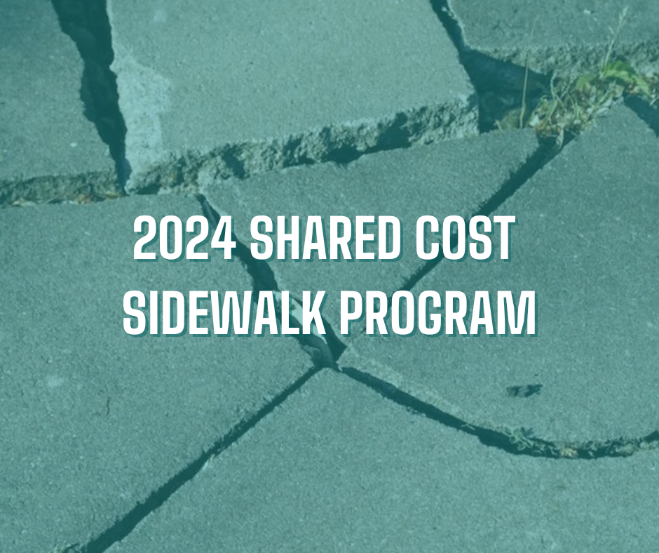 Broken sidewalk with 2024 Shared Cost Sidewalk Program overlaid in white text