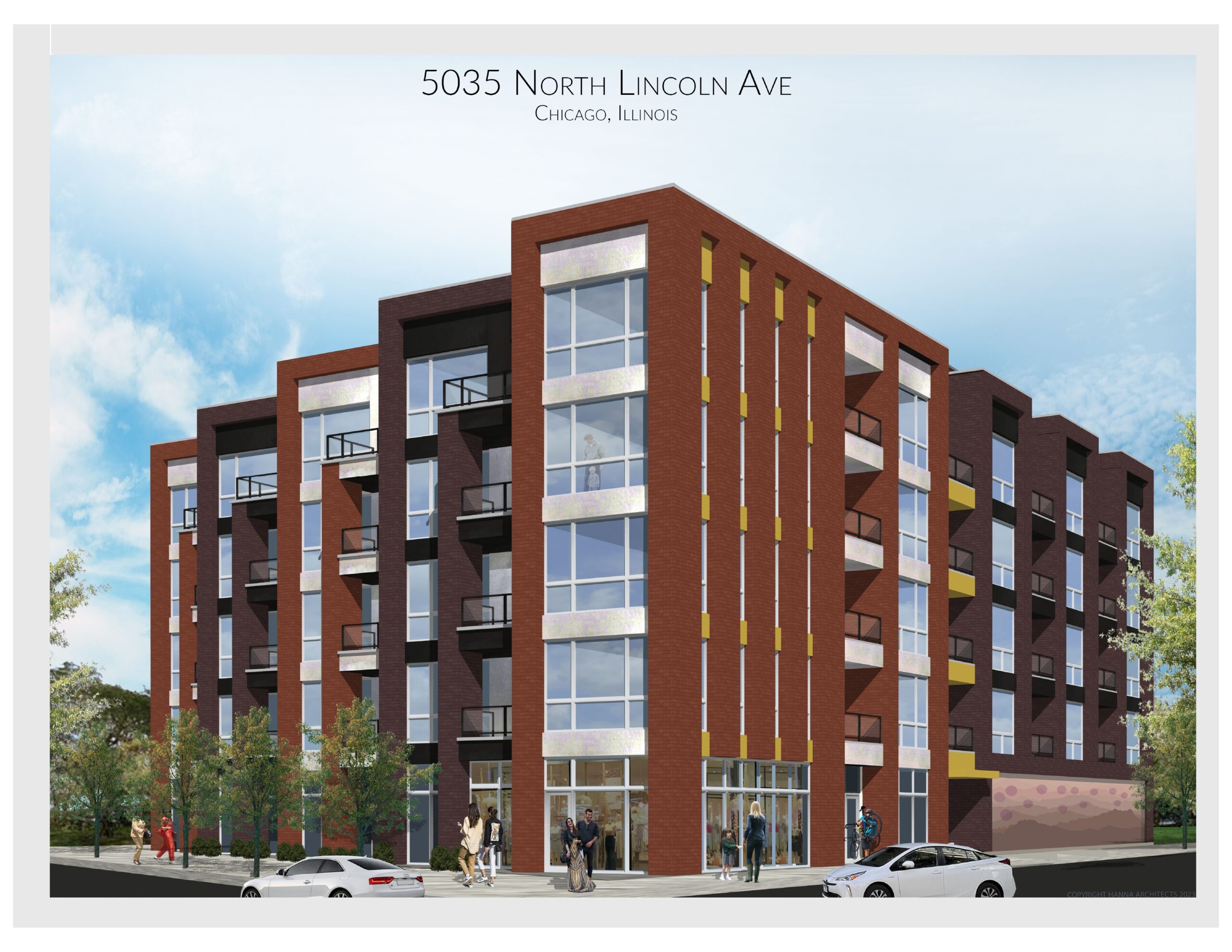 Rendering of the proposed development of 5035 N. Lincoln: a five-story brick building.