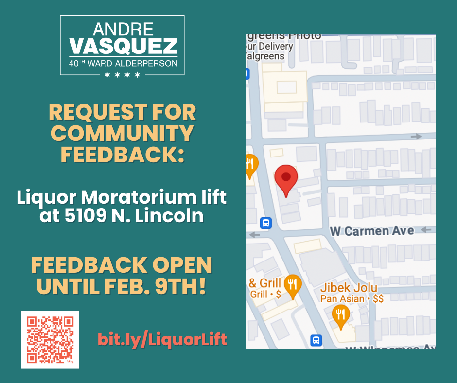 Google Map screenshot of Lincoln Ave from Winnemac to Foster on a teal background, along with text: request for community feedback for a liquor moratorium lift at 5109 N. Lincoln, Feedback open until Feb. 9th