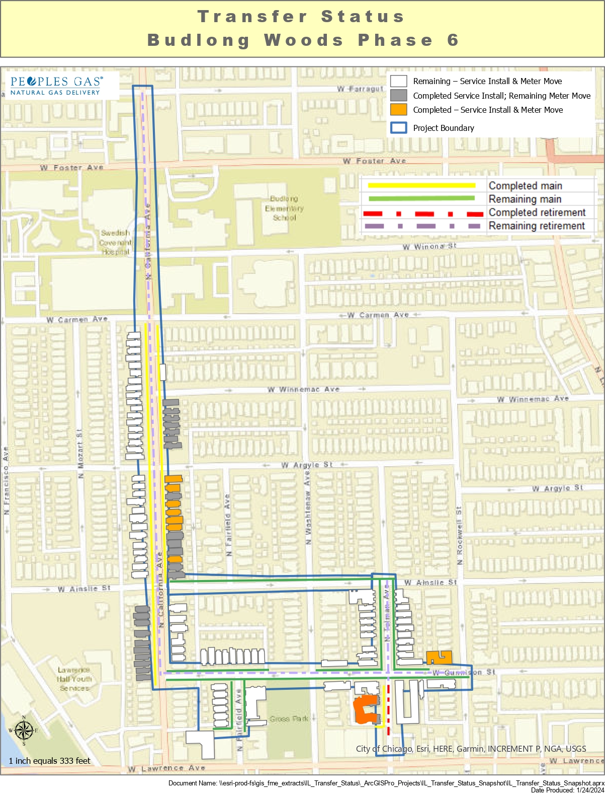 A map of Phase 6 of People's Gas Safety Modernization Program service area in Budlong Woods.