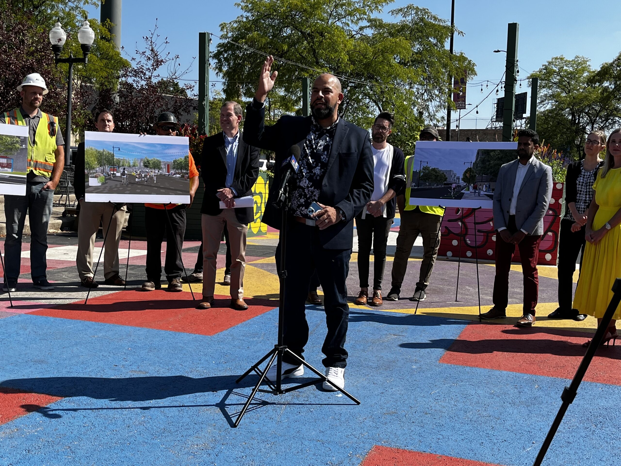 Ald. Vasquez giving a speech at the Ainslie Arts Plaza for the groundbreaking of Lincoln Ave Streetscape