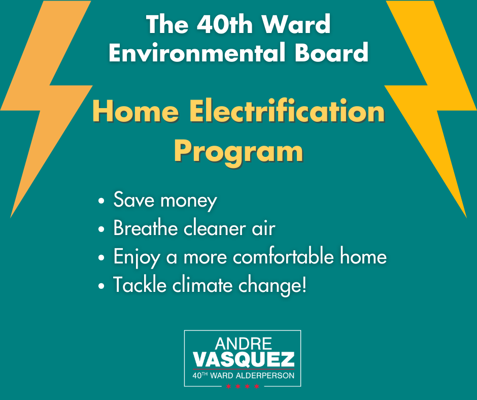 Lightning bolts surrounding text "The 40th Ward Environmental Board Home Electrification Program"