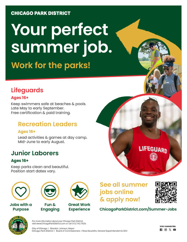 Flier from the Chicago Parks District with a smiling lifeguard and title: "Your perfect summer job." Relevant information below!