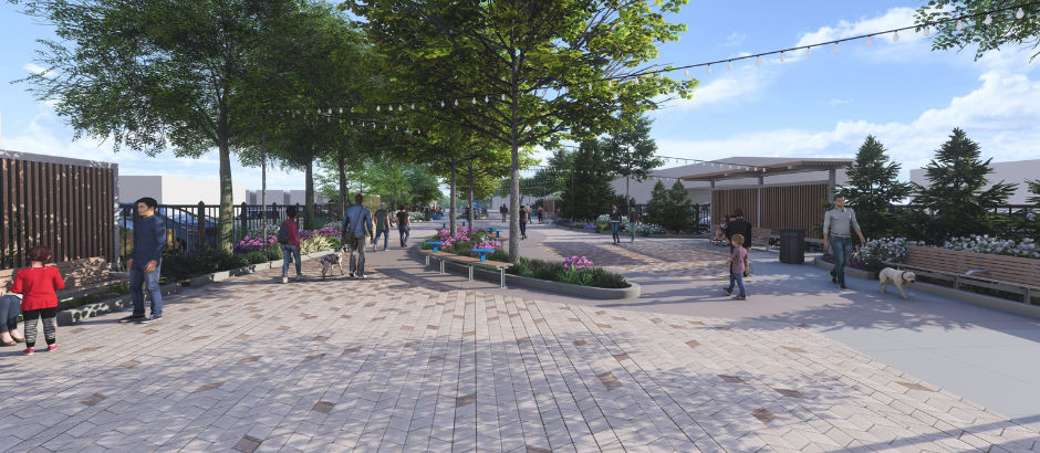 A rendering of the future Elise Malary Plaza with brick pavers, greenery, trees, planters, and wood-toned benches and shade structures