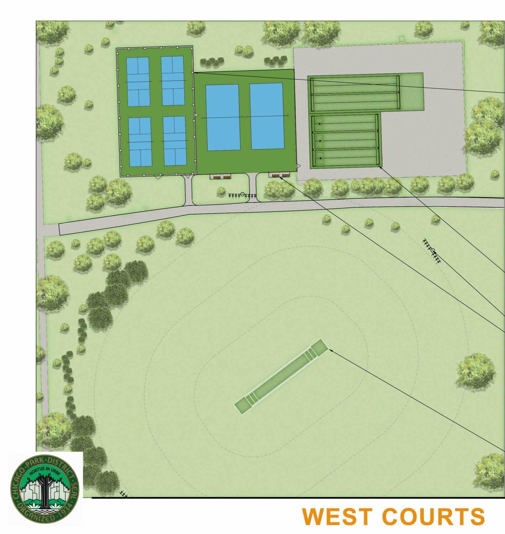 Overhead architectural drawing of Warren Park West Courts