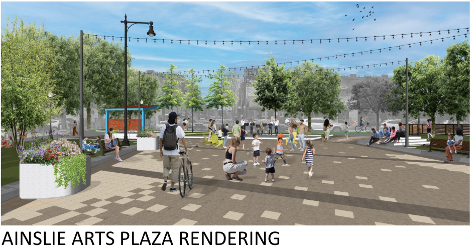 Front-facing rendering of future Ainslie Arts Plaza