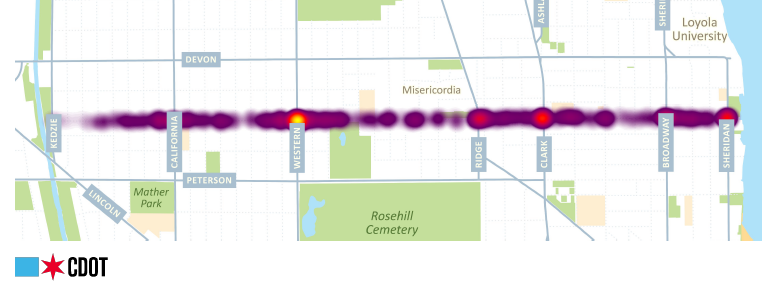 Heat map showing the largest concentration of traffic crashes at Western, Clark, Sheridan, and Ridge.