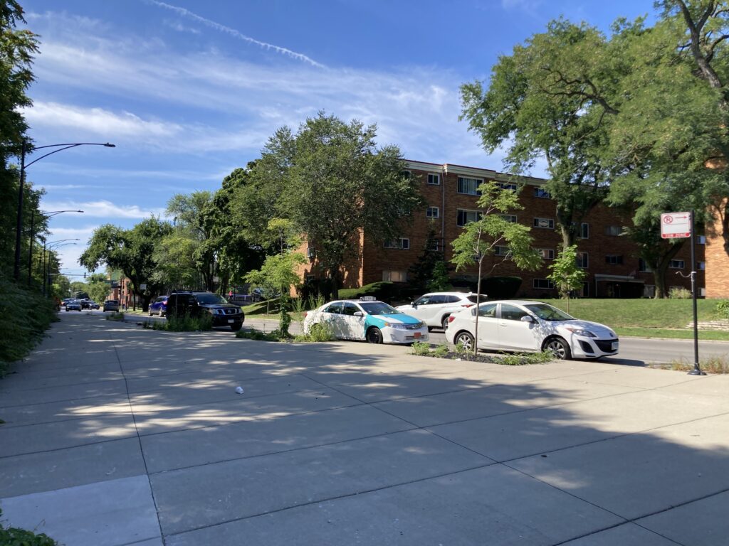 Sidewalk at Ridge and Thome, where the proposed pedestrian plaza would be located