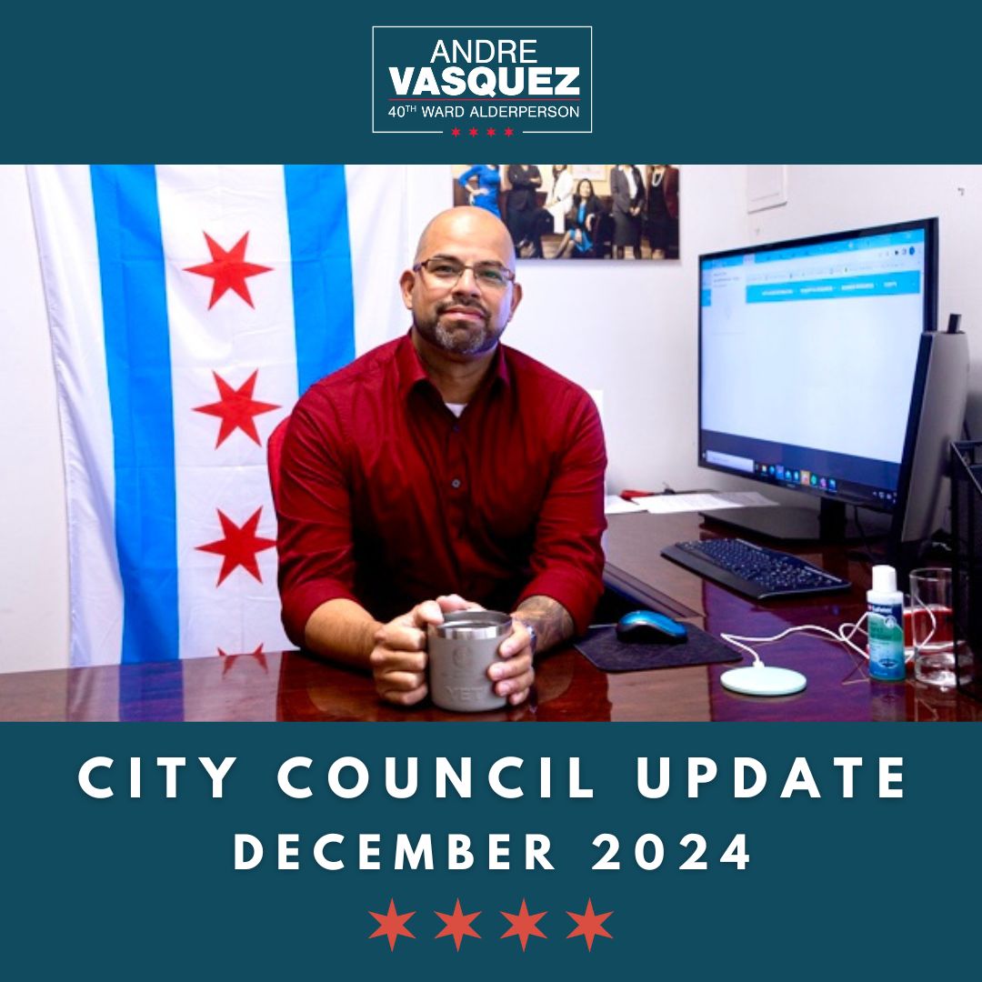 Alder Vasquez sitting in front of the Chicago flag