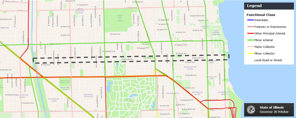 Map of street network surrounding Granville, including arterial and collector streets