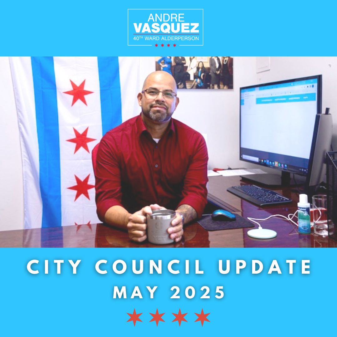 Ald. Vasquez sits at his desk in front of the City of Chicago flag
