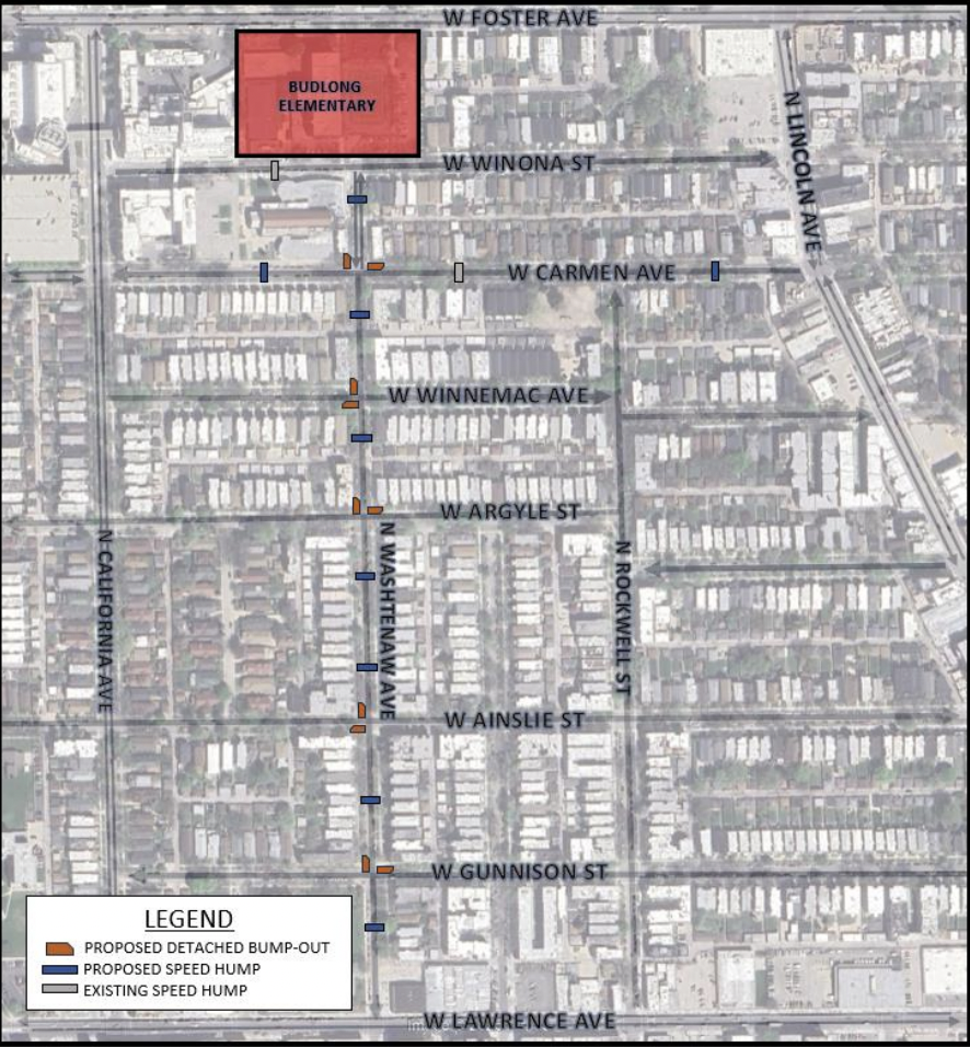 Map of proposed speed humps and bumpouts surrounding Budlong Elementary