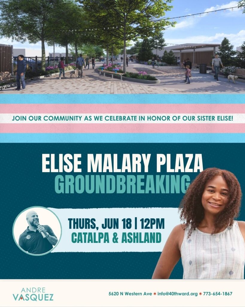 Rendering of Elise Malary Plaza with a portrait of Elise Malary and event details